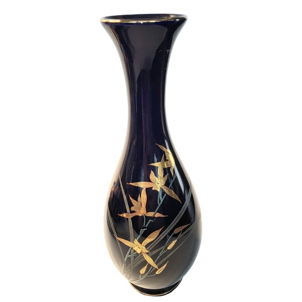 Vintage JAPAN Lovely Porcelain Cobalt Blue and Gold Gilt Vase 11" Tall